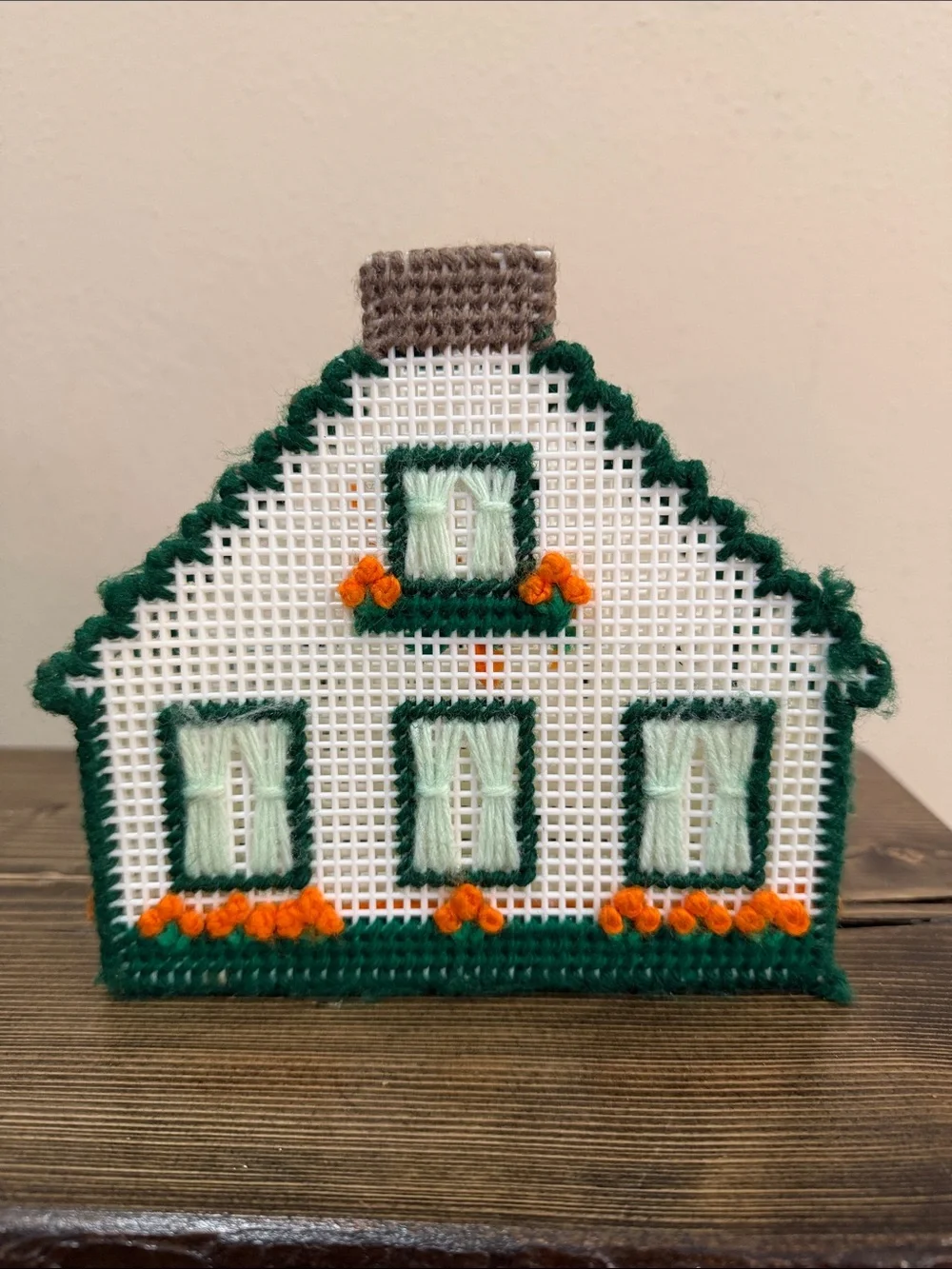 Vintage Handmade Plastic Canvas House Napkin Holder Needlepoint Cottagecore